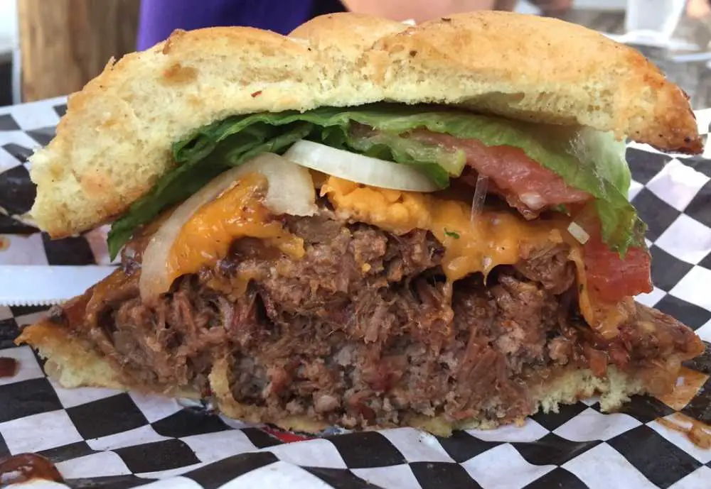 Burger with brisket and bacon and cheese at Elwood's Shack in Memphis Tennessee