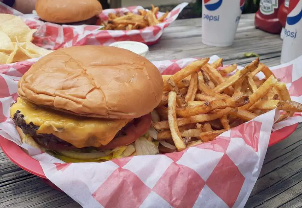 Huge patty cheeseburger with fries at Koppe Bridge Bar & Grill