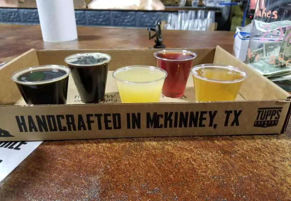 A flight of beers at Tupps Brewery in McKinney, Texas