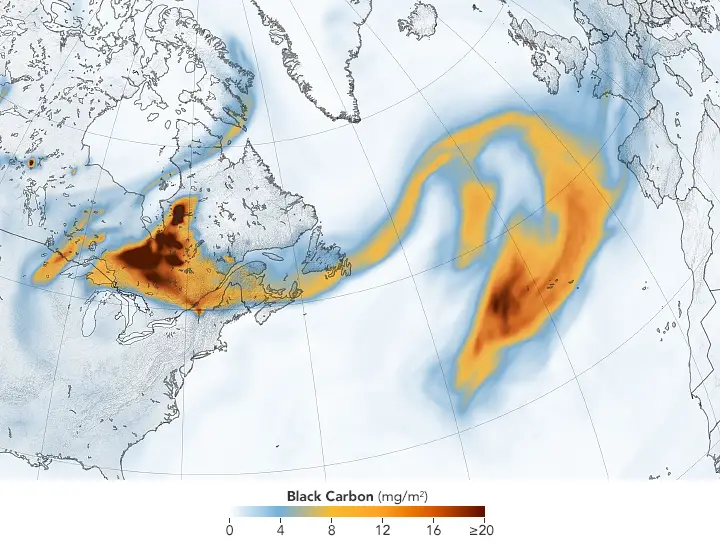 Satellite image showing black carbon from Canadian wildfires across US and approaching Europe