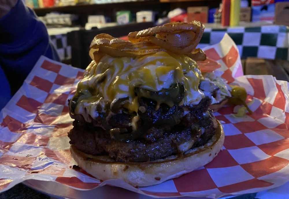 The burger from hell at Coyote Bluff Cafe in Amarillo, Texas