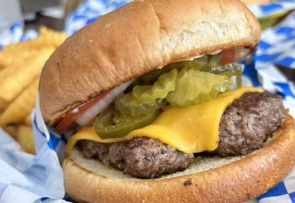 huge jalapeno cheeseburger at Mel's Blueplate Express in Galveston, Texas