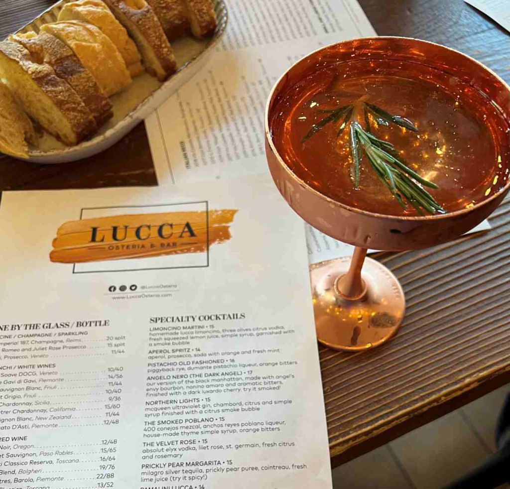 Lucca menu and cocktail at one of italian restaurants oak brook mall
