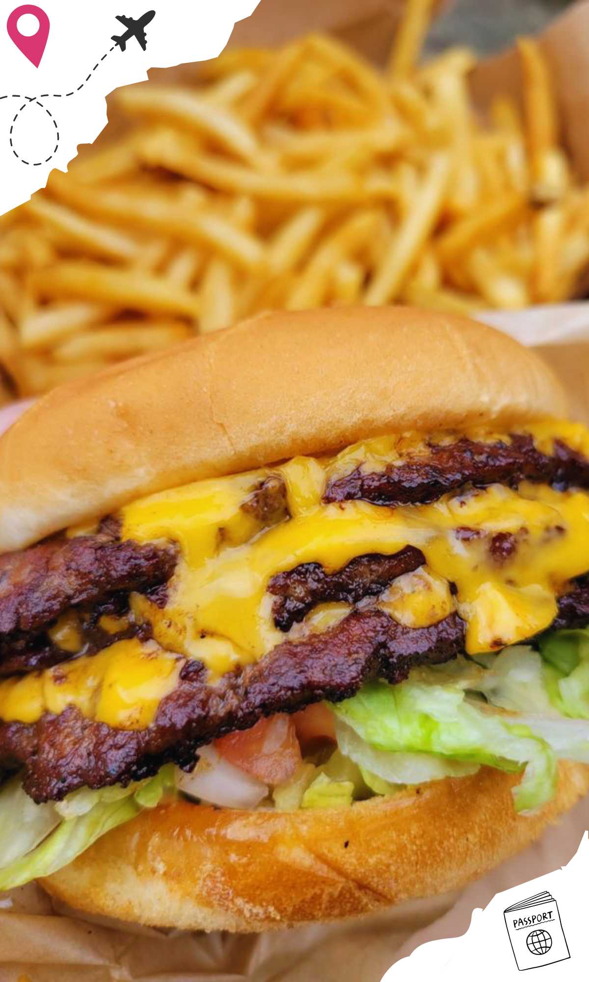 The 3x3 Burger in front of a side of fries.