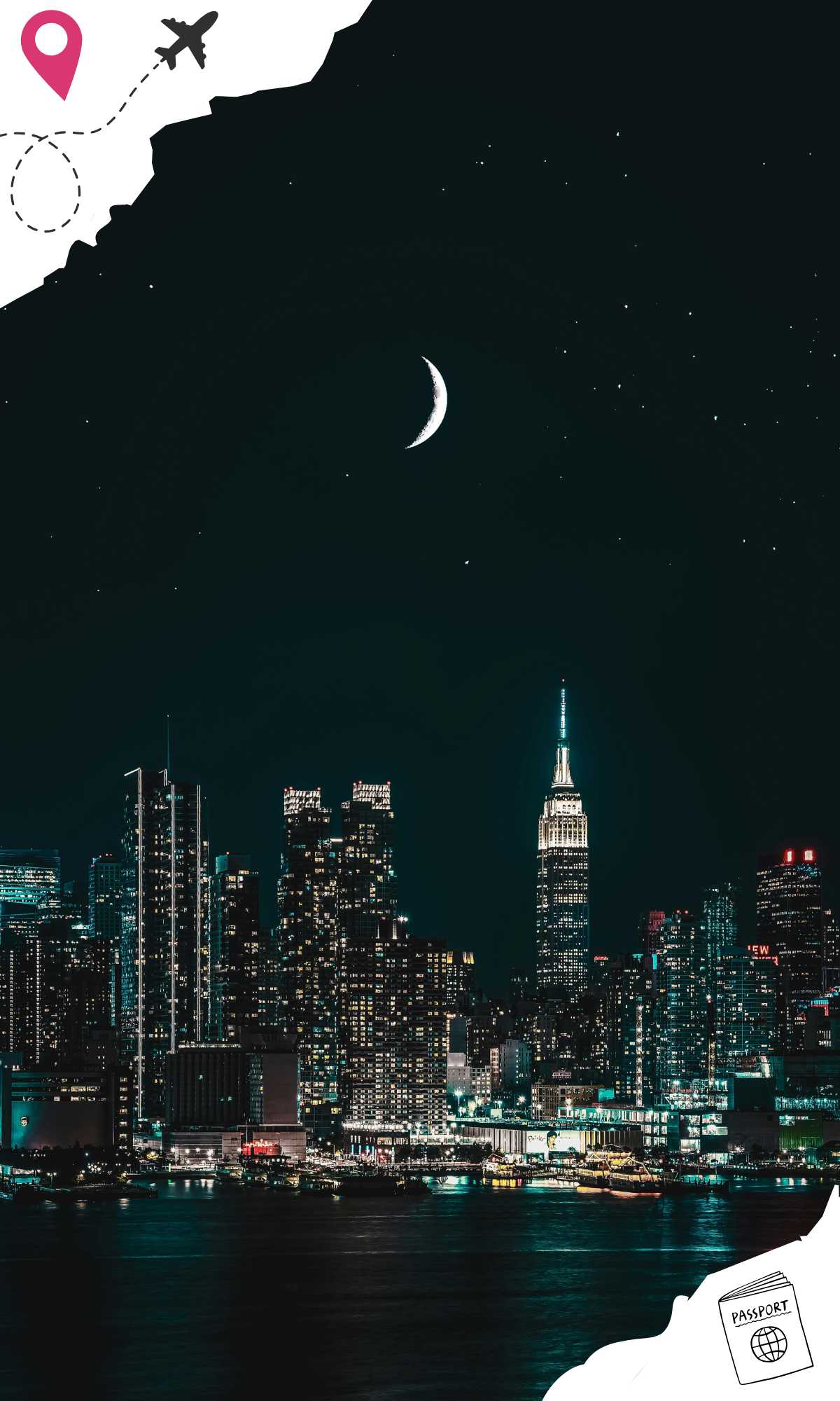 The New York City night view with a crescent moon on top.