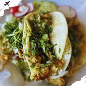 Fresh Mexican street taco filled with fried chicken, fresh chopped herbs, and shredded lettuce, served on a soft corn tortilla, representing vibrant flavors and authentic cuisine.