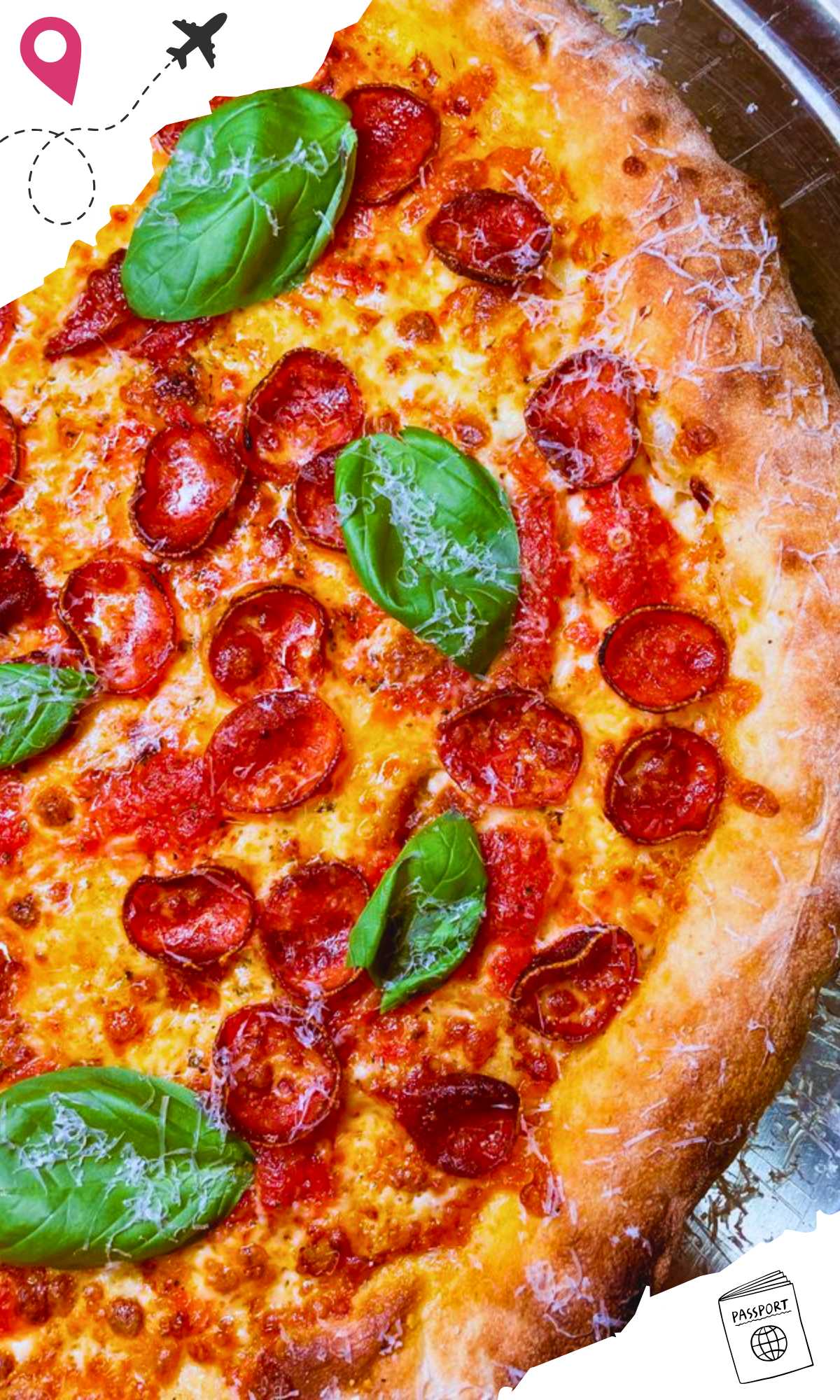 Fresh pepperoni pizza with basil leaves on a crispy crust, perfect for travel-inspired food adventures. Experience global cuisines and delicious dishes from top travel destinations worldwide.