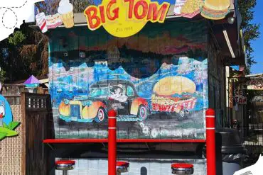 Big Tom's vintage food stand murals, featuring classic American comfort food like burgers, fries, ice cream, and milkshakes, set in a nostalgic roadside scene perfect for travel and dining memories.