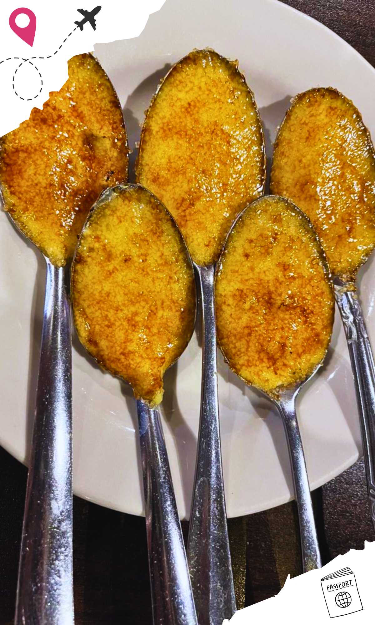 Five spoons of creme brulee on a white plate.