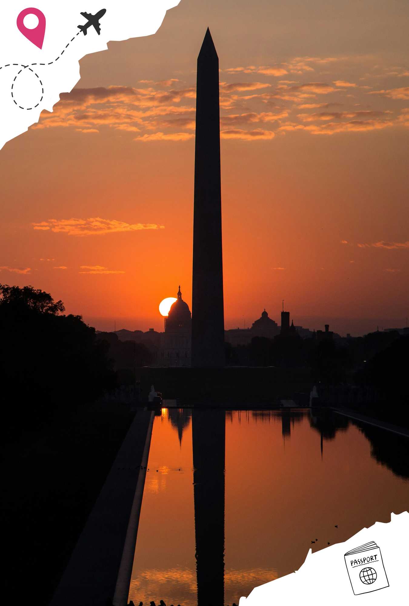 Tower reflecting over water in front of a sunset.
