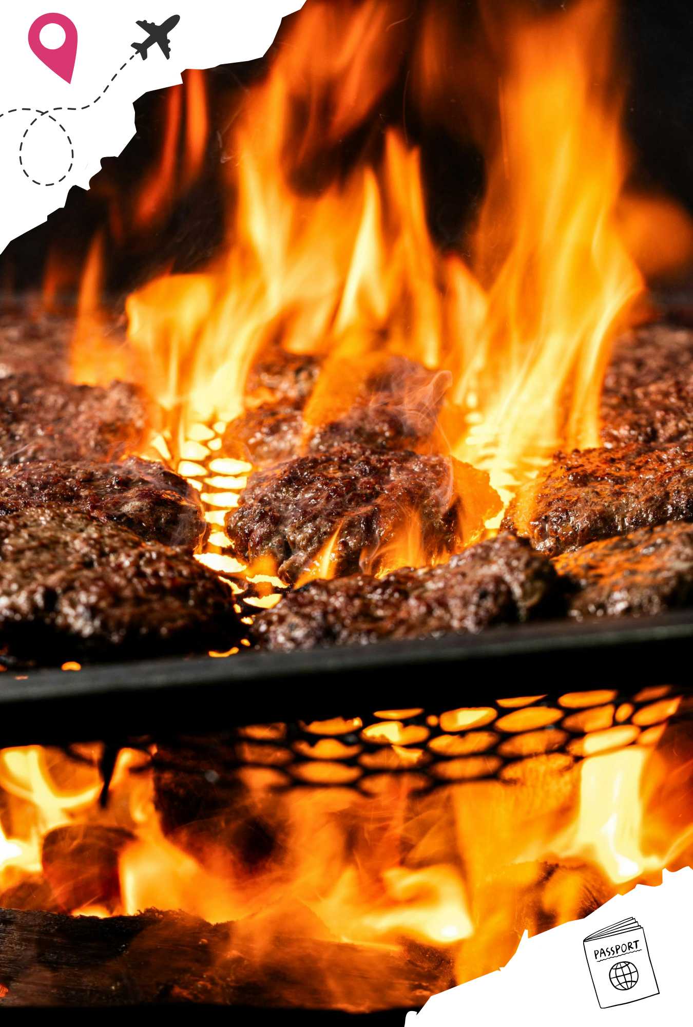 Beef patties being grilled over a fire.