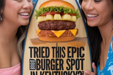 Delicious gourmet burger with fresh ingredients, smiling women at a food festival, promoting famous Kentucky burger spots for food lovers and travel enthusiasts.