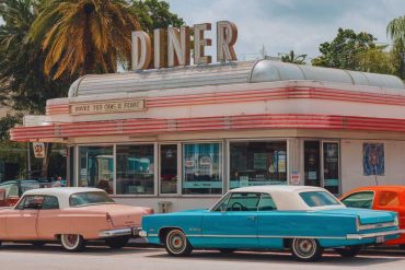 Vintage diner with retro cars, palm trees, and classic signage showcasing nostalgic American road trip destinations.