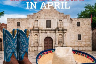 Western-style cowboy boots, a straw sombrero, and traditional Mexican decorations in front of historic San Antonio architecture. Ideal for promoting travel to San Antonio in April and exploring culture and history.