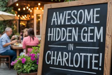 A trendy outdoor restaurant with a chalkboard sign promoting Charlotte as an awesome travel destination, featuring cozy outdoor seating, warm lighting, and vibrant flowers for inviting ambiance.