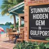 Stunning hidden gem in Gulfport featuring waterfront dining, tropical palms, and vibrant outdoor seating near a colorful flamingo statue. Perfect for seaside vacations and scenic escapes.