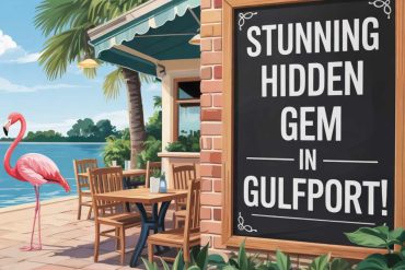 Stunning hidden gem in Gulfport featuring waterfront dining, tropical palms, and vibrant outdoor seating near a colorful flamingo statue. Perfect for seaside vacations and scenic escapes.