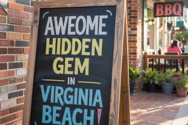 Bright outdoor restaurant sidewalk sign advertising a hidden gem in Virginia Beach, ideal for local dining and travel destinations.