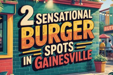Vibrant sign showcasing two sensational burger spots in Gainesville with colorful outdoor dining scene.