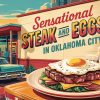 Sensationally illustrated restaurant exterior featuring a large sign for steak and eggs in Oklahoma City with vintage cars and a hearty breakfast plate in a colorful, retro style.