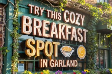 Brightly lit neon sign reading "Try this cozy breakfast spot in Garland" with vibrant flowers and greenery outside a charming cafe, emphasizing cozy breakfast destinations and local eateries.