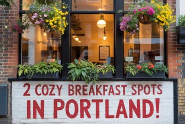 Cozy Portland breakfast spots with inviting storefront decorated with colorful hanging flower baskets, perfect for breakfast enthusiasts exploring Portland’s best breakfast cafes and eateries.