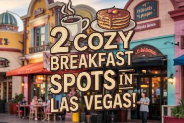 Cup of coffee with steam and stack of pancakes with syrup and berries, cozy breakfast in Las Vegas, breakfast spots, brunch, hotel cafes, breakfast restaurants, travel breakfast ideas.