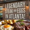 Steak and eggs breakfast in Atlanta, Georgia, showcasing a hearty meal with a grilled steak, sunny-side-up eggs, and roasted potatoes in front of a restaurant with outdoor lighting.