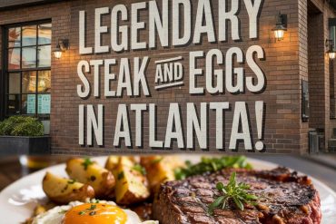 Steak and eggs breakfast in Atlanta, Georgia, showcasing a hearty meal with a grilled steak, sunny-side-up eggs, and roasted potatoes in front of a restaurant with outdoor lighting.