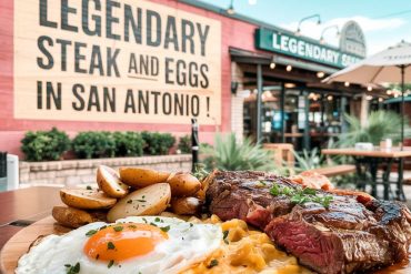 Savory breakfast platter with fried egg, steak, roasted potatoes, and scrambled eggs served outside a popular San Antonio restaurant, showcasing delicious local cuisine and casual dining atmosphere.