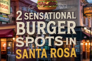 Juicy burger with fresh toppings on city street at sunset, highlighting Santa Rosa dining spots.