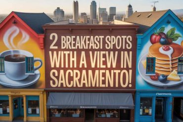 Coffee and breakfast food mural in Sacramento showcasing scenic city views, featuring a steaming cup of coffee and a stack of pancakes with fresh fruit, ideal for breakfast spots and local cafes.