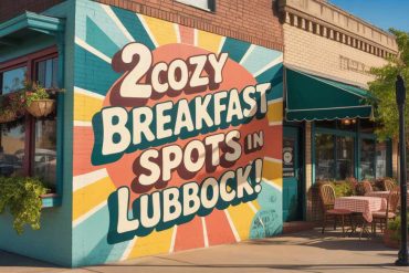 Cozy breakfast spots in Lubbock mural on restaurant exterior in colorful street art style with outdoor seating and greenery, perfect for breakfast and brunch in Lubbock.