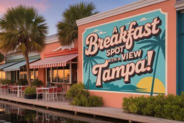 Vibrant outdoor restaurant with palm trees, colorful mural, and lakeside seating in Tampa showcasing a tropical vacation vibe.