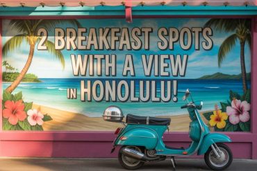 Two breakfast spots with a view in Honolulu, Hawaii, featuring vibrant tropical decor, beachside scenery, and a classic turquoise scooter in front for a perfect island experience.