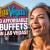 Vibrant image of a smiling woman in front of Las Vegas sign promoting affordable buffets in Las Vegas, showcasing entertainment and dining experiences in the city.