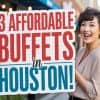 3. Vibrant outdoor sign highlighting affordable travel tips for Houston, featuring bold red and blue text with a friendly woman smiling in the background.