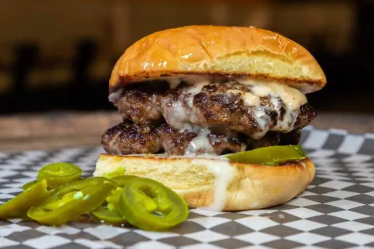 queso Blanco burger at whiskey foxtrot burger shoppe in Homewood alabama