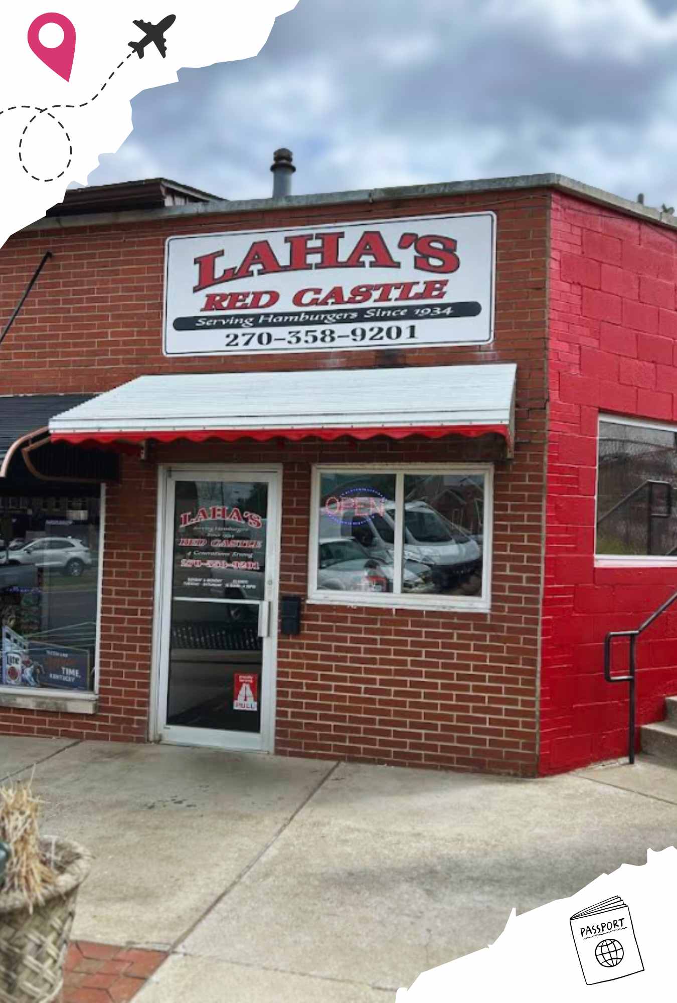 The view outside of laha's red castle in hodgenville ky