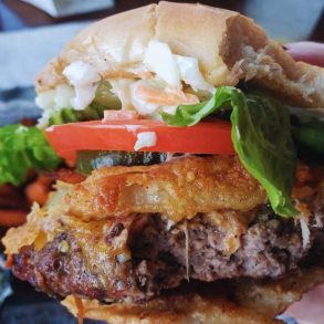 delicious burger at higher ground CHar house in Chapin south carolina