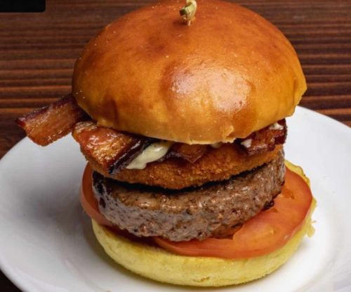 a huge burger at left bank burger bar in Jersey City New jersey