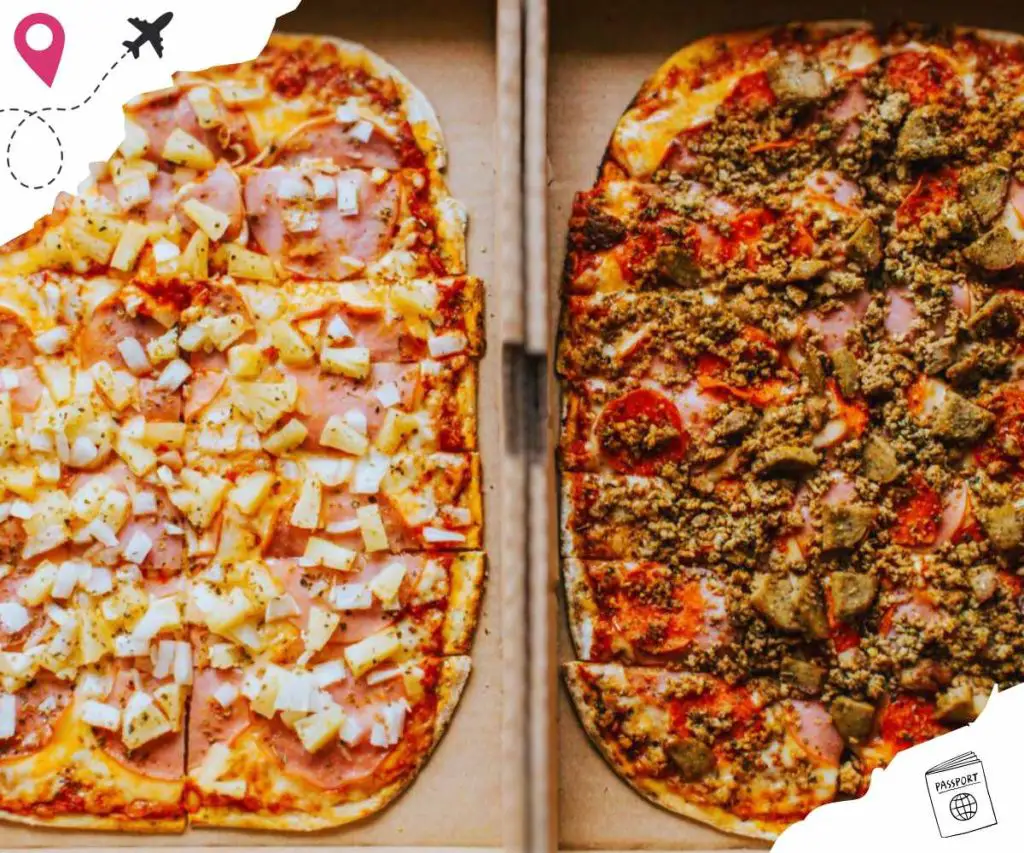 Cheese and ham pizza on the left, beef and pepperoni pizza with ground meat on the right, both presented in pizza boxes for takeaway, showcasing popular international pizza varieties.
