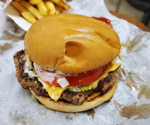 a juicy burger at Sheila c's burger barn in Auburn alabama