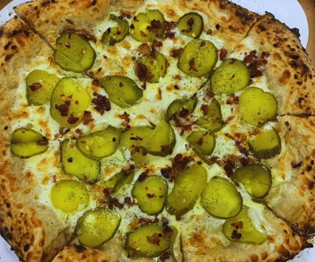 pizza with pickles at fibonacci's pizzeria in Columbus ohio