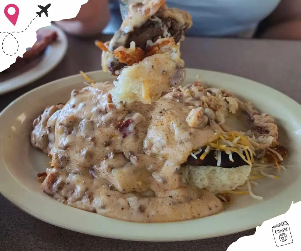Biscuits and bacon chorizo gravy at good gravy diner in Oklahoma city Oklahoma