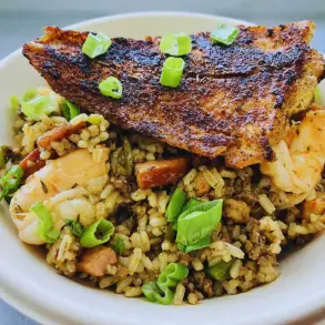 fish and rice at Dirty South Cajun Comfort Food