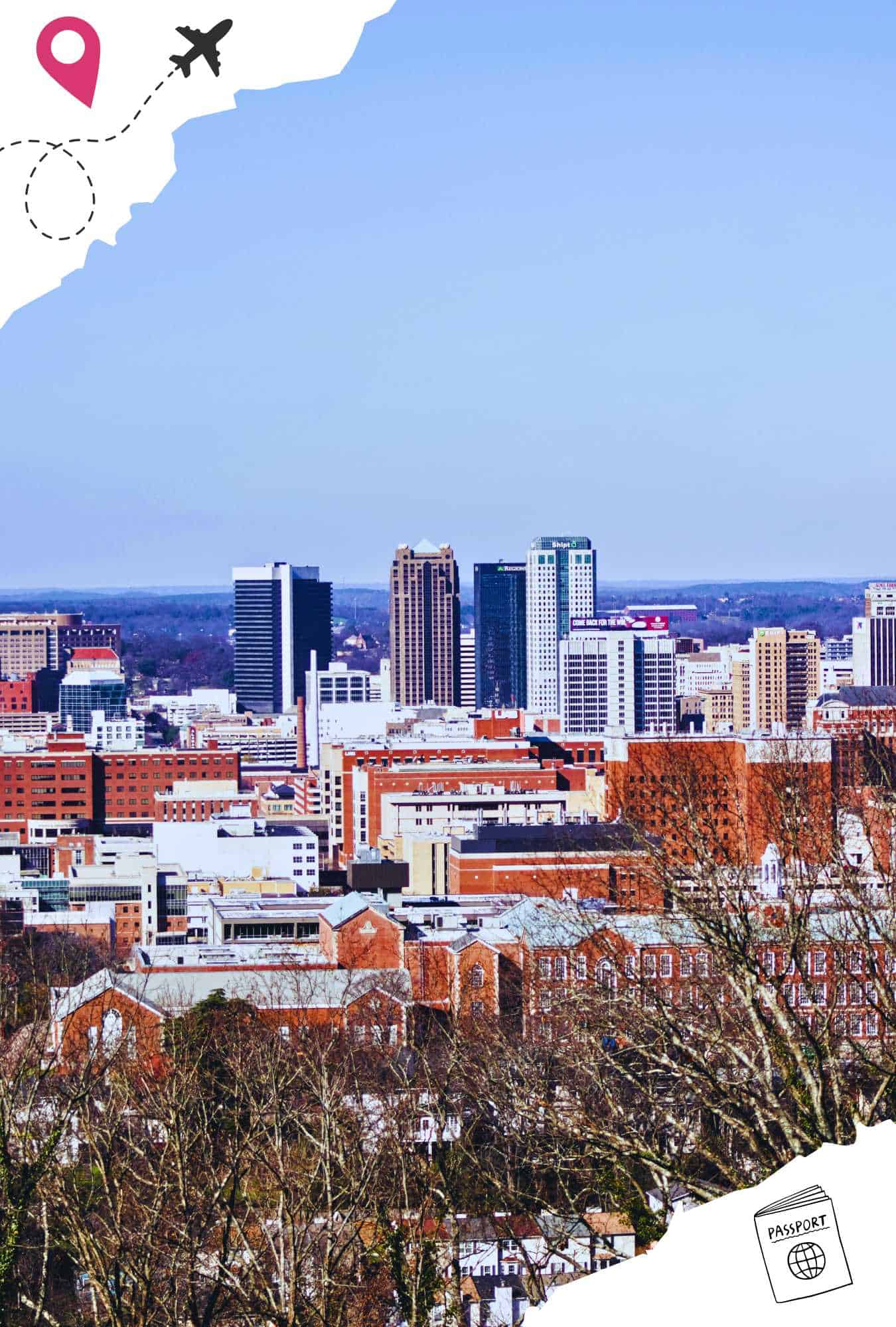 Alabama cityscape with various brick buildings and metallic skyscrapers.