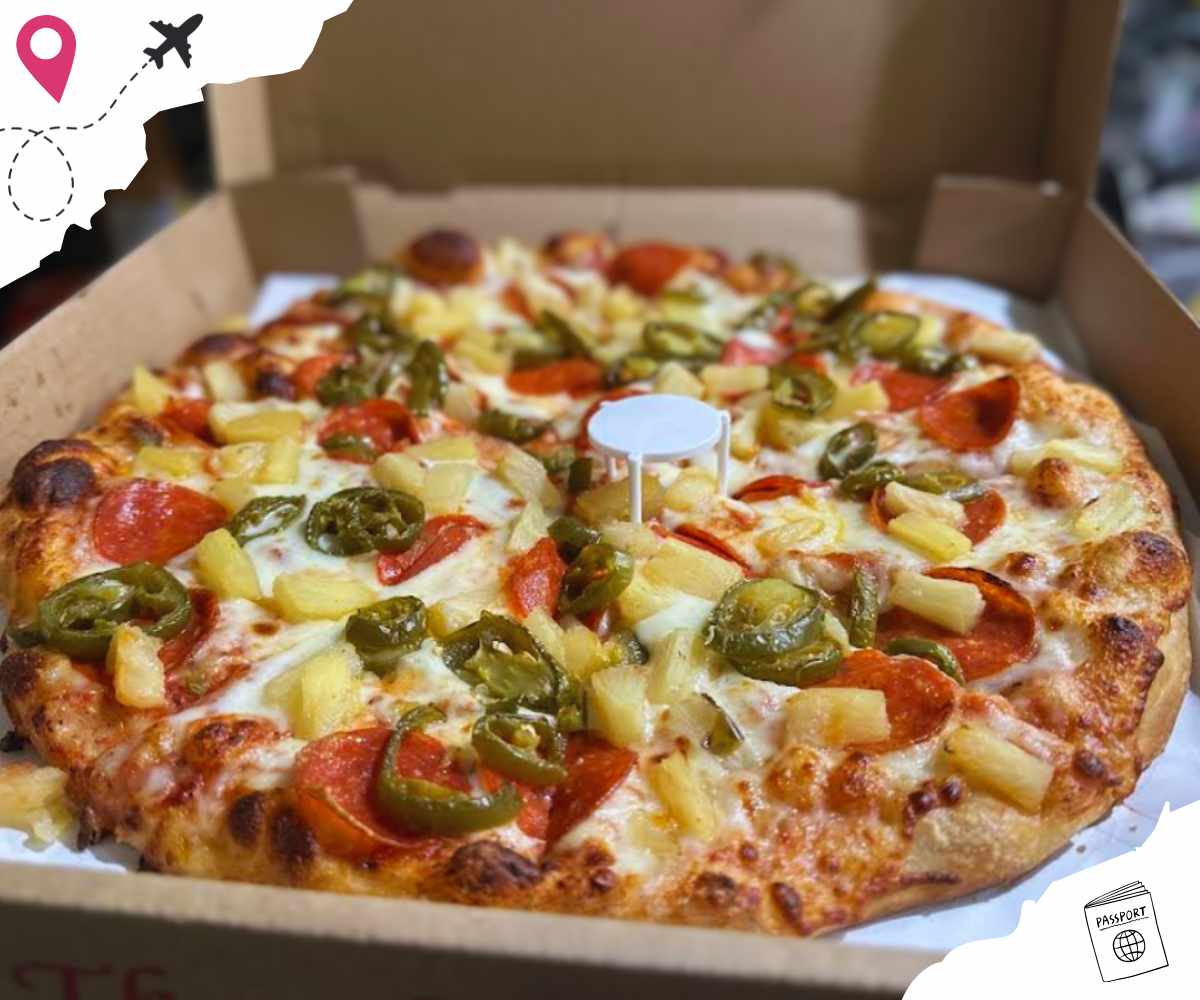pineapple, pepperoni, and jalapeno pizza at Rigatony's pizza & pasta in Lancaster, CA. 