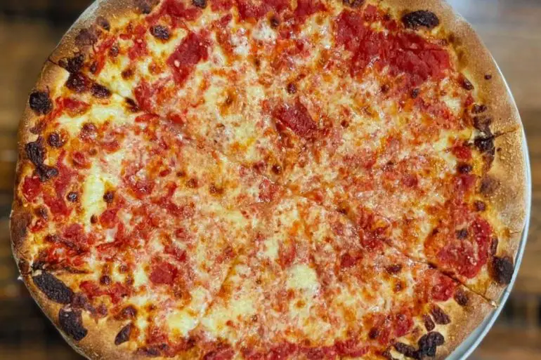 Italian cheese pizza at santarpio's pizza in Boston massachusetts