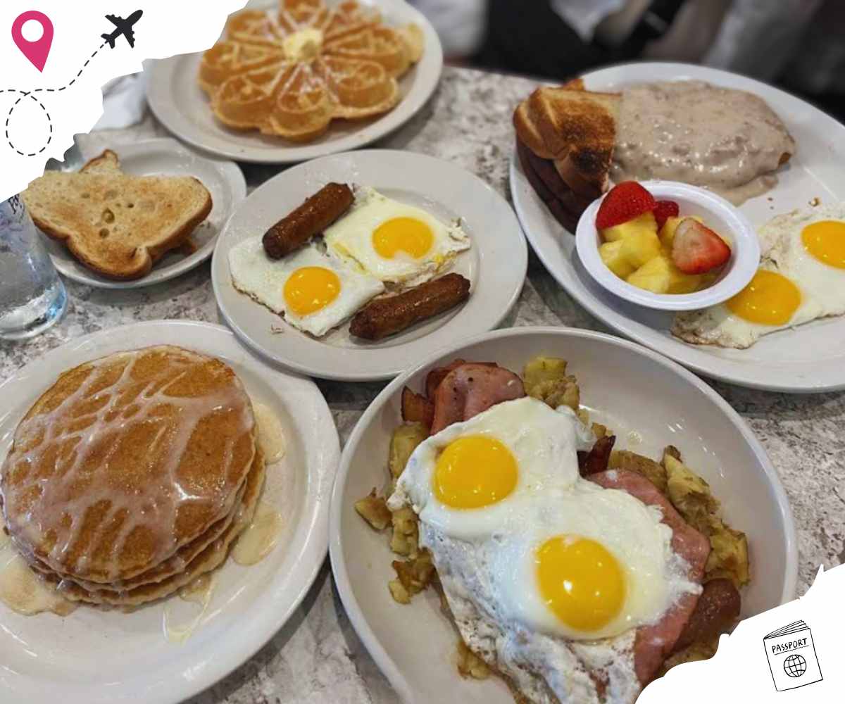 spread of breakfast plates at Pop's Diner Co. in Virginia beach va